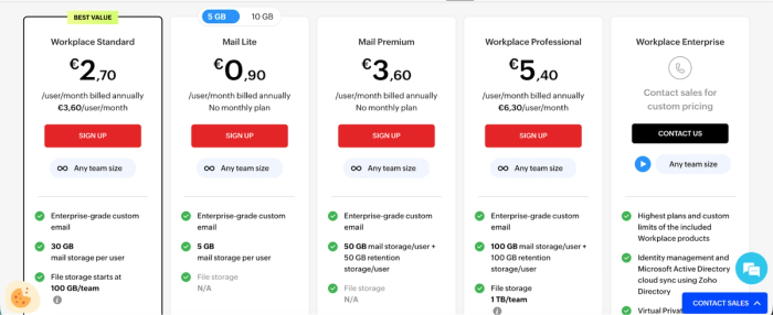 Pricing table for workplace and mail services, showing five plans with varying prices and features, including a 'best value' option.