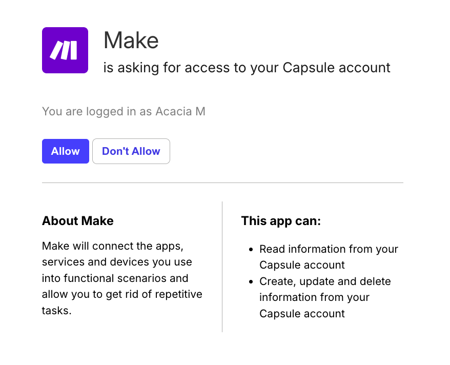 permissions page to link make to capsule