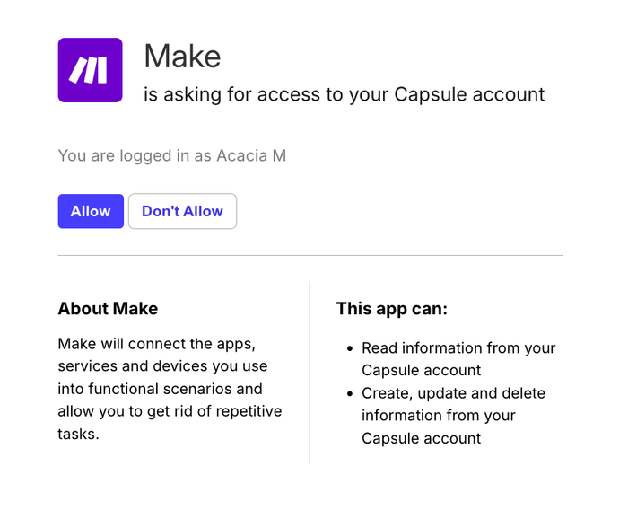 permissions page to link make to capsule
