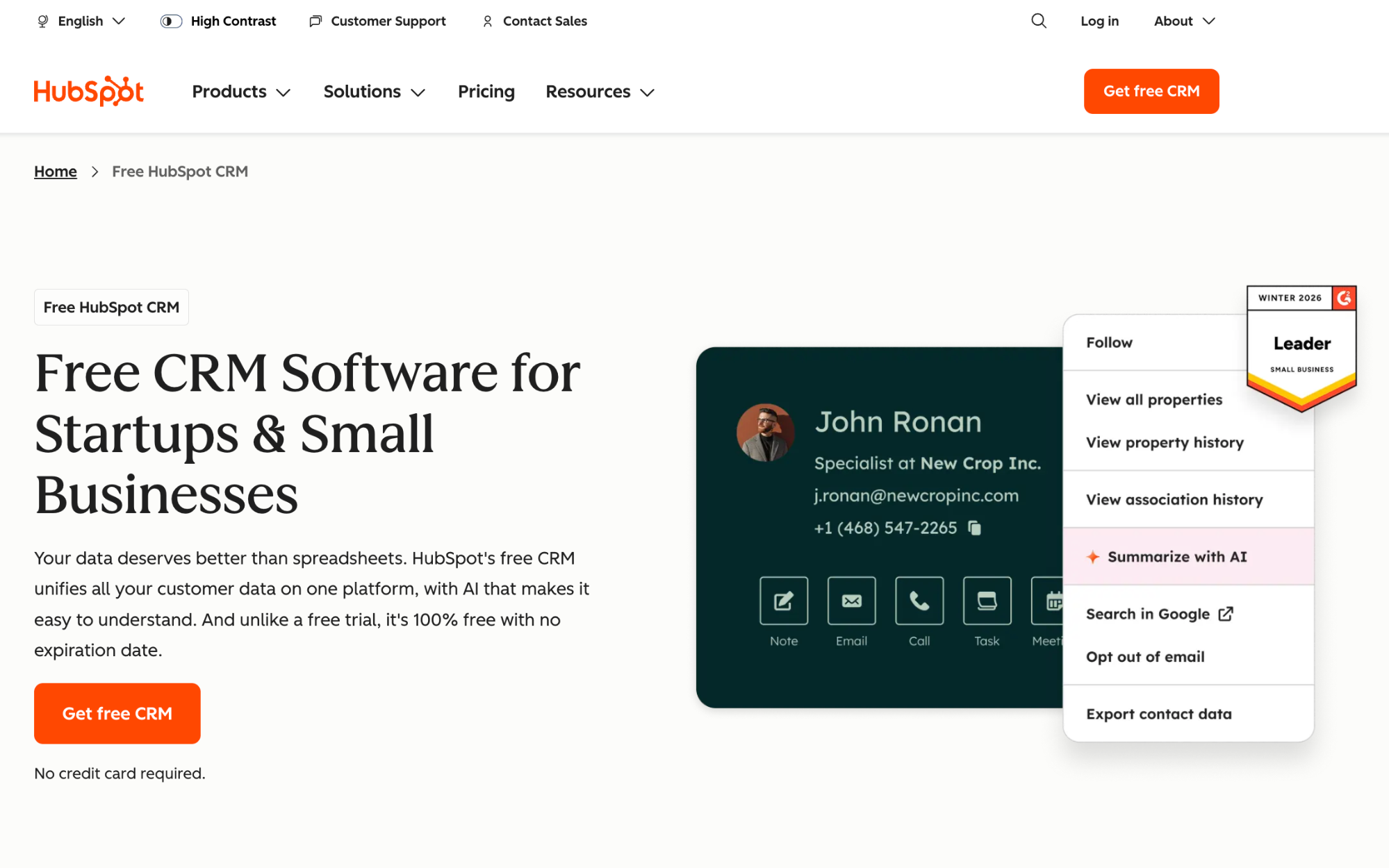 HubSpot webpage for "Free CRM Software" showing a contact card for John Ronan and a highlighted "Summarize with AI" option in a dropdown menu.