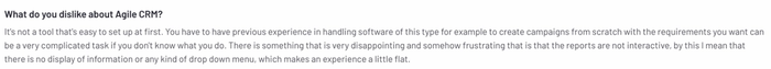 User critique of Agile CRM citing a steep learning curve, lack of intuitive design, and non-interactive reports that create a flat user experience.