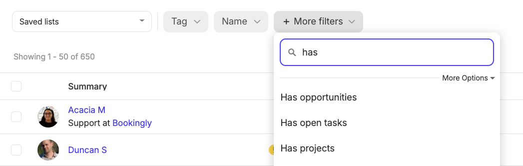 Mais opções de filtros, pesquisadas por "has"