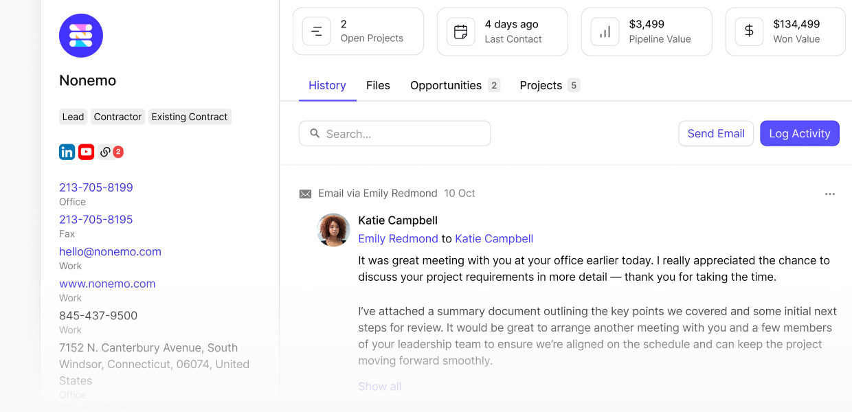 Image shows your outlook hosted emails stored against contact records in capsule crm so that all your communications stay in one place