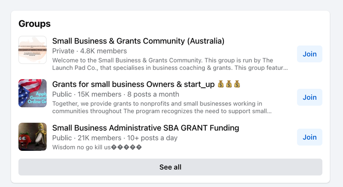 Facebook page for small business and grants community.