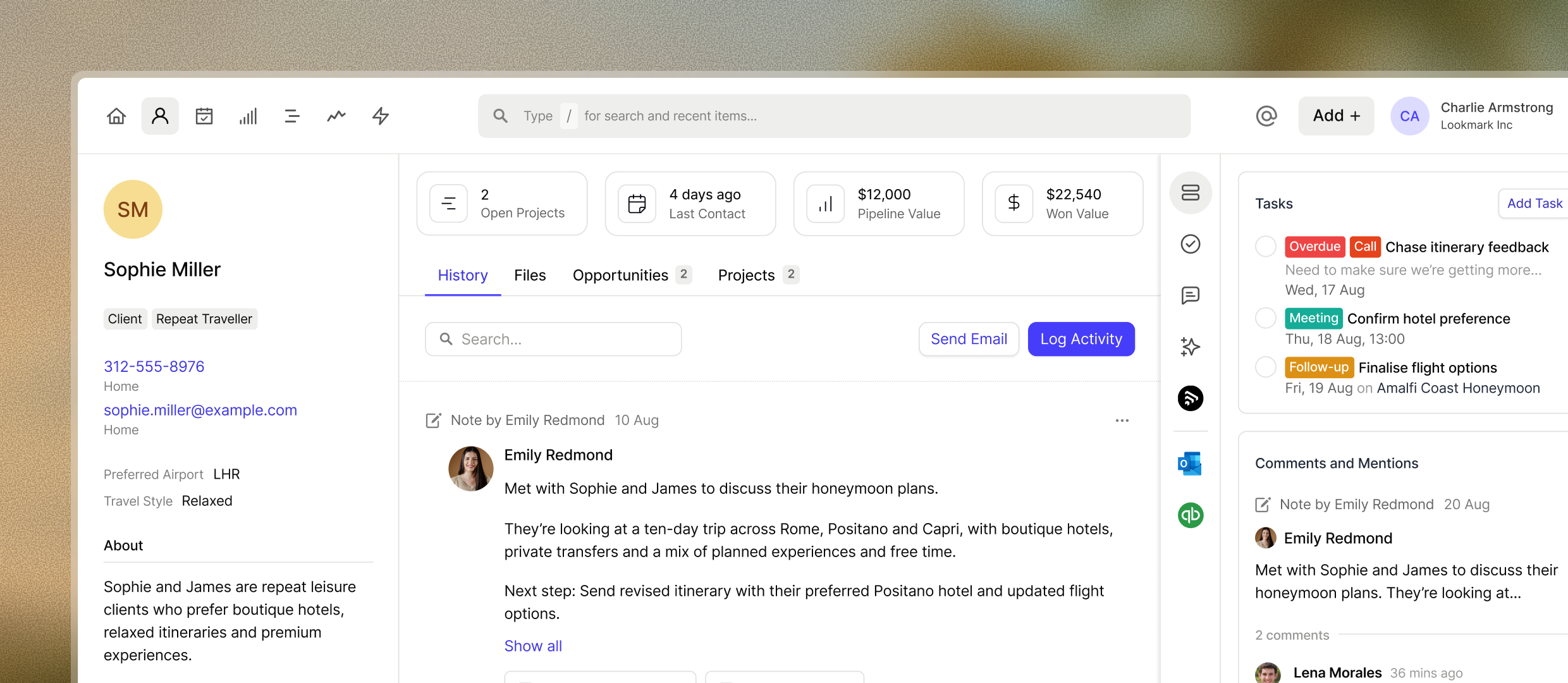 A customer relationship management (CRM) dashboard displaying client Sophie Miller's profile, project notes for a honeymoon trip, tasks, and comments.