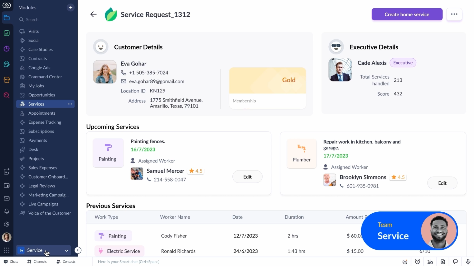 A service management dashboard displaying customer, executive, upcoming, and previous service details.