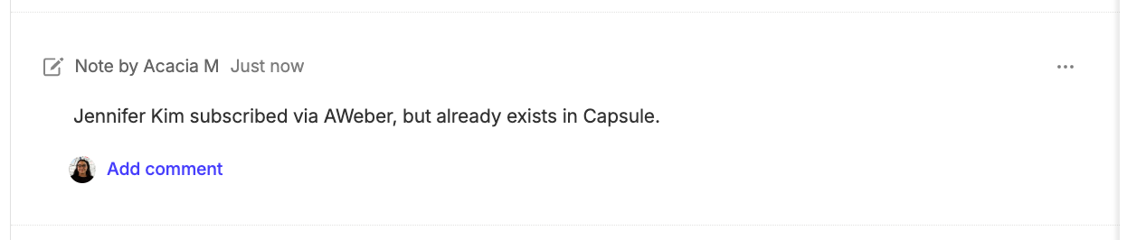 nota añadida al contacto de prueba de Capsule desde el escenario de Make de AWeber