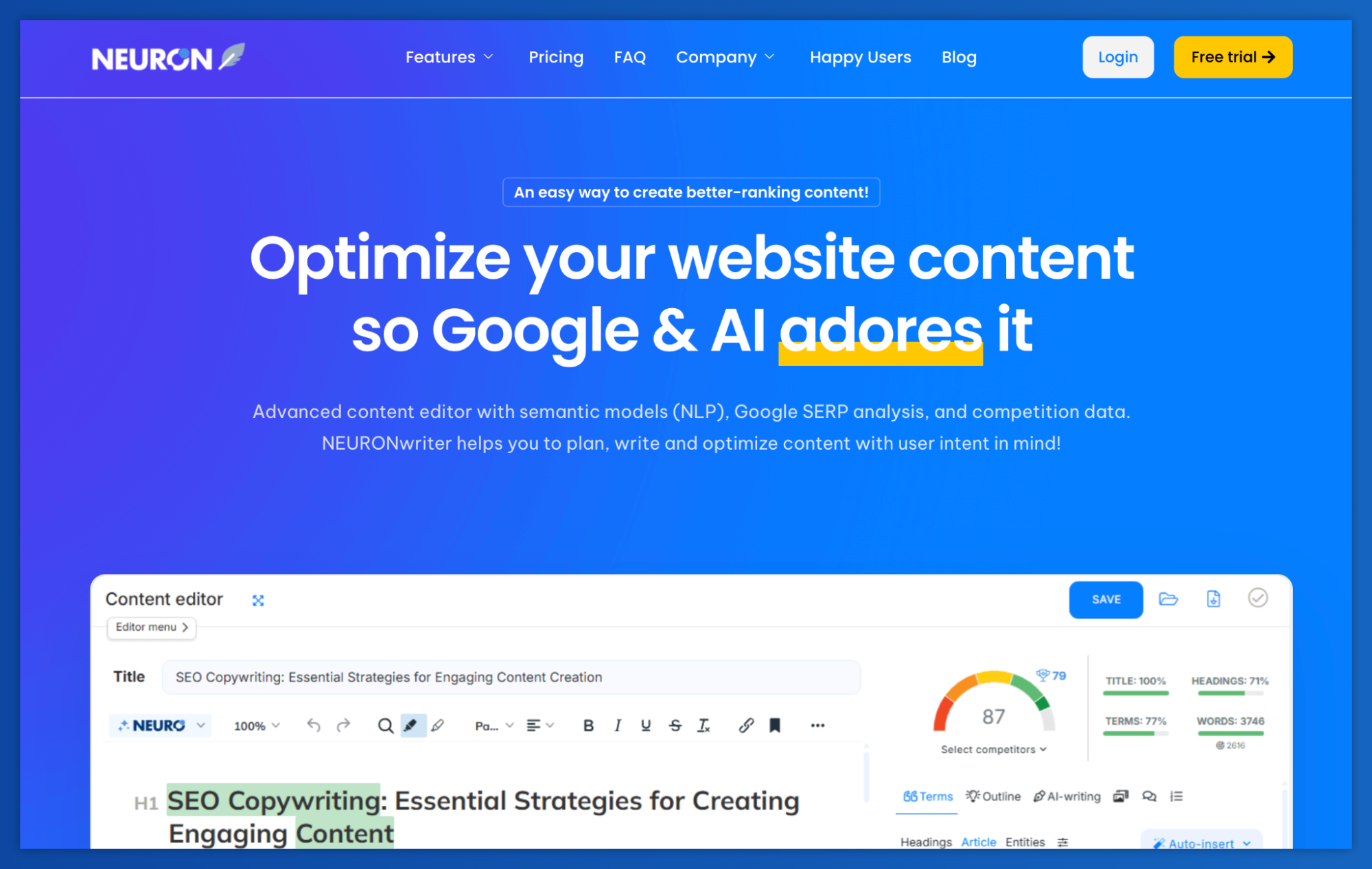 NEURONwriter website displaying its content optimization tool, showing an article editor with SEO scores and the headline "Optimize your website content so Google & AI adores it."