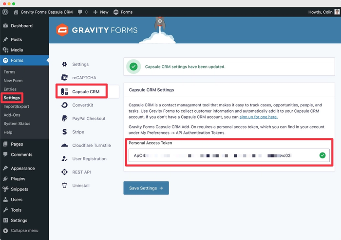 WordPress Gravity Forms plugin settings showing Capsule CRM integration setup, including instructions for using a personal access token to connect accounts.