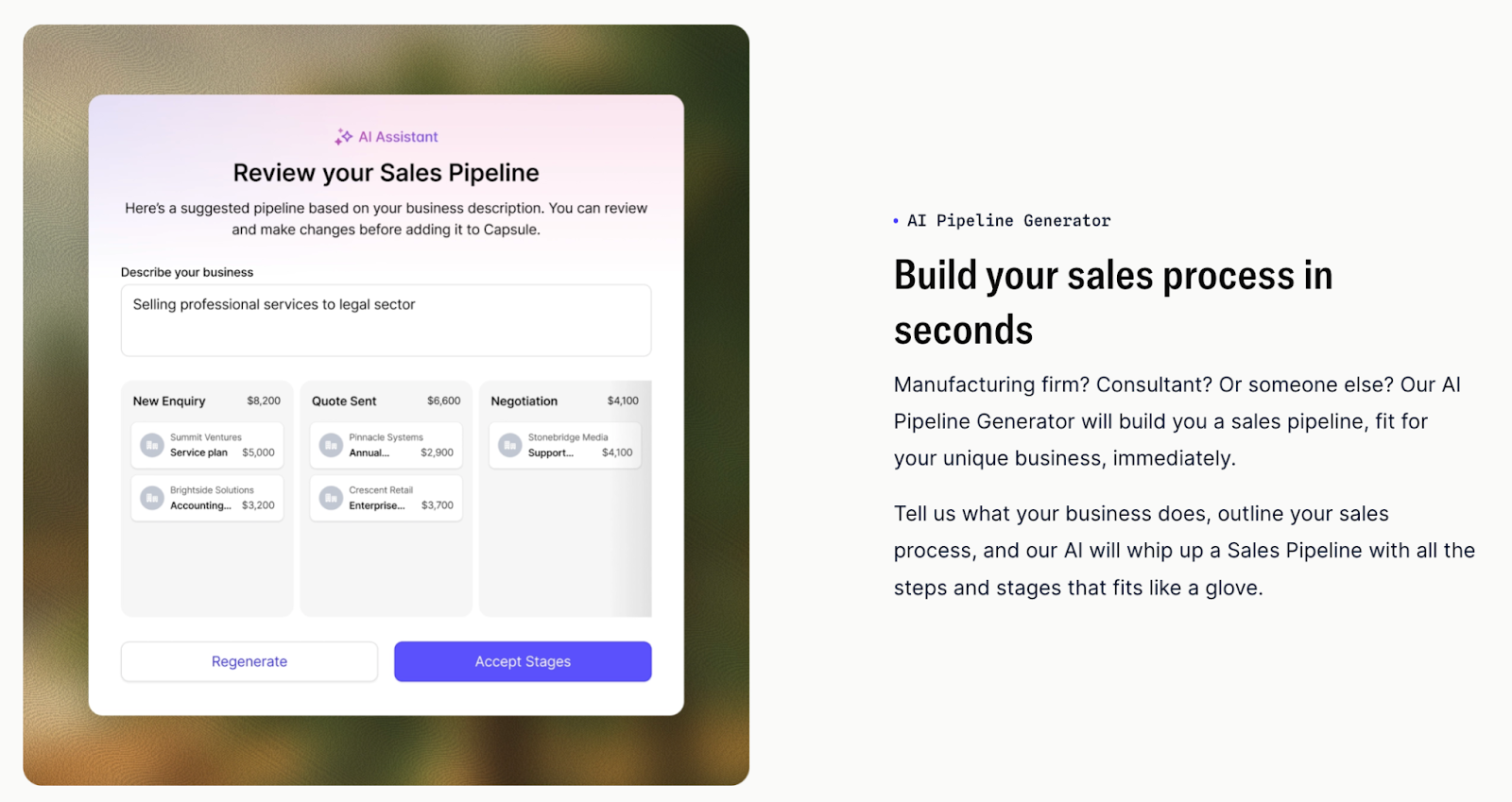 A screen displaying an AI Assistant generating a sales pipeline with stages for a legal services business, accompanied by text describing the AI Pipeline Generator.