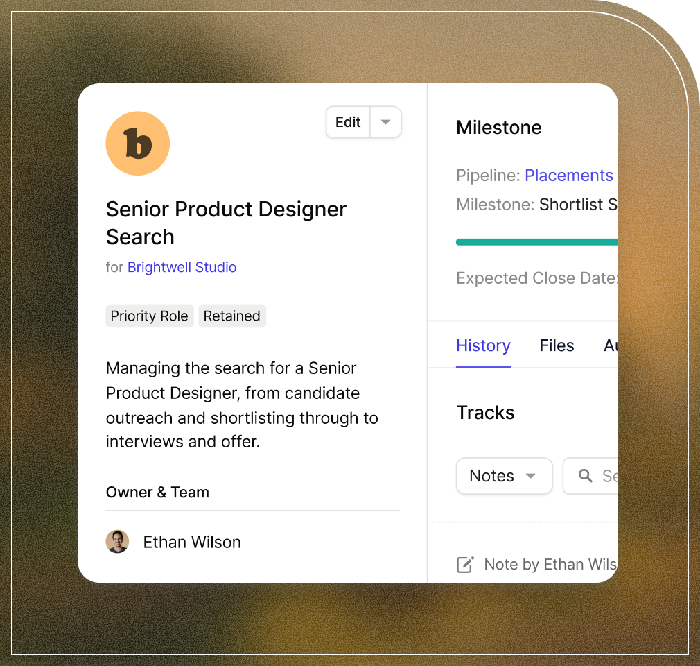 A UI card showing details for a "Senior Product Designer Search" for "Brightwell Studio," managed by "Ethan Wilson," with recruitment milestones and other information.