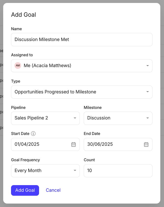 shows example opportunity progressed to milestone goal set up