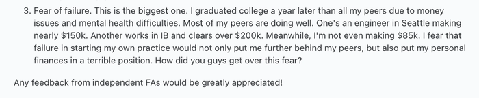 A user expresses fear of failure in starting an independent financial practice, comparing their income to peers and asking for advice from independent FAs.