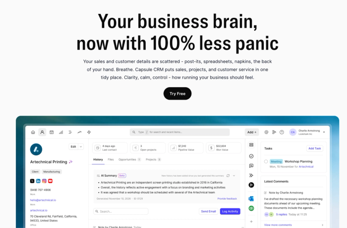 A website displaying the headline "Your business brain, now with 100% less panic" above a screenshot of a CRM interface showing business details for "Artechnical Printing."