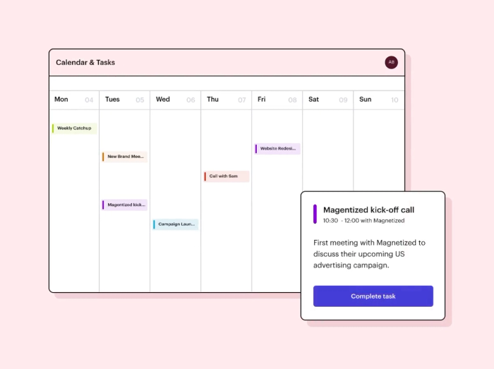a calendar and a task list on a pink background .