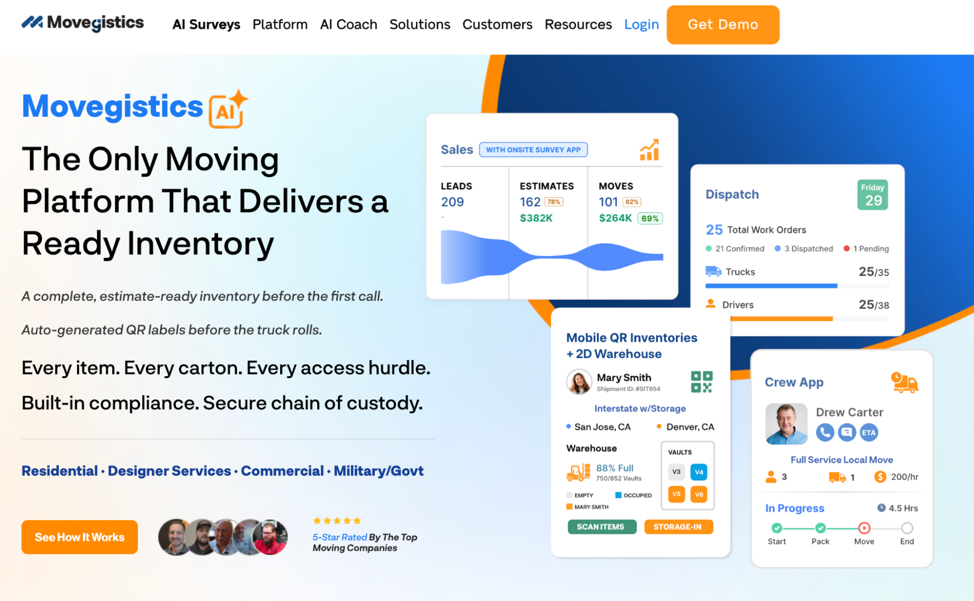 Movegistics AI landing page showing a moving platform's sales, dispatch, inventory, and crew app interfaces.