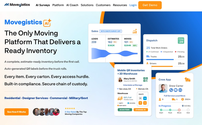 Movegistics AI landing page showing a moving platform's sales, dispatch, inventory, and crew app interfaces.