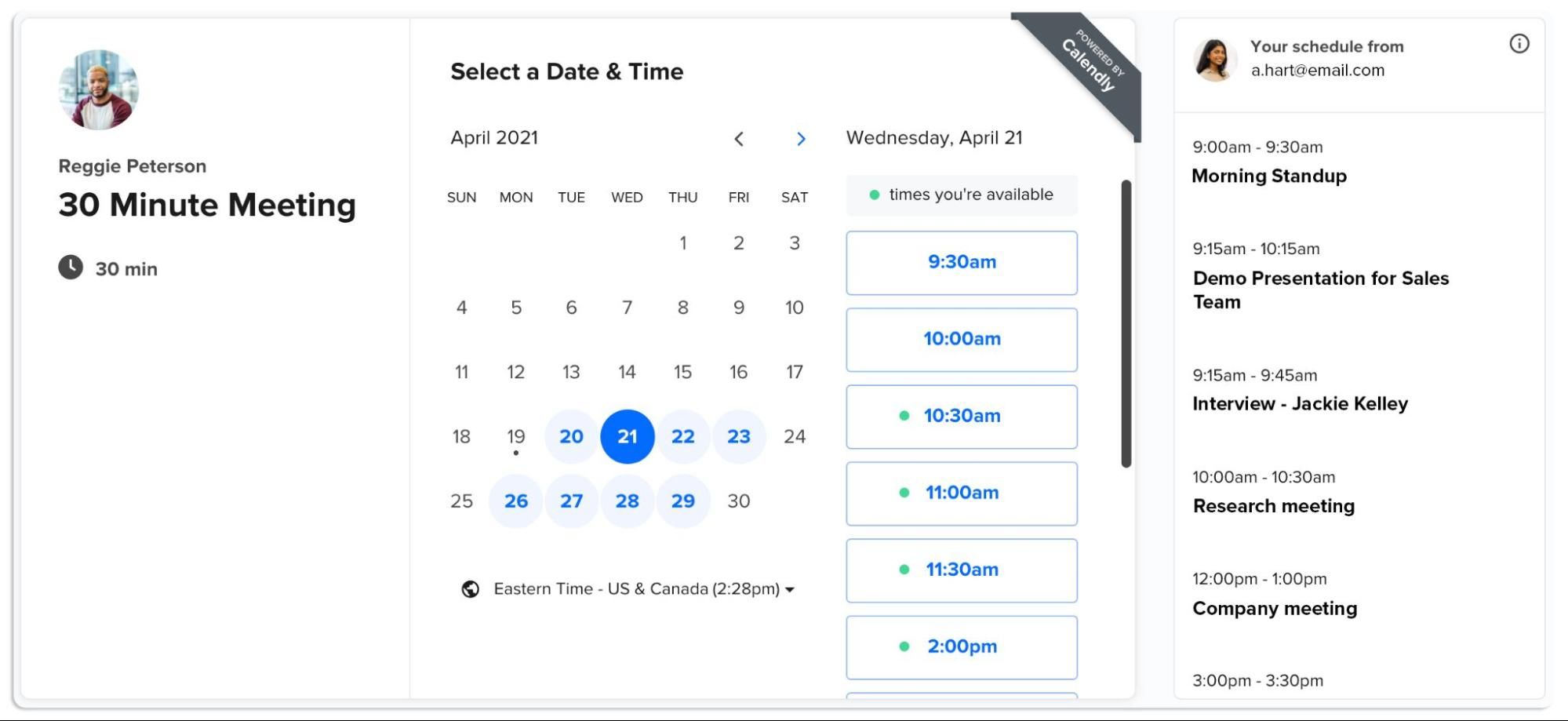 una captura de pantalla de un calendario que muestra una reunión de 30 minutos.
