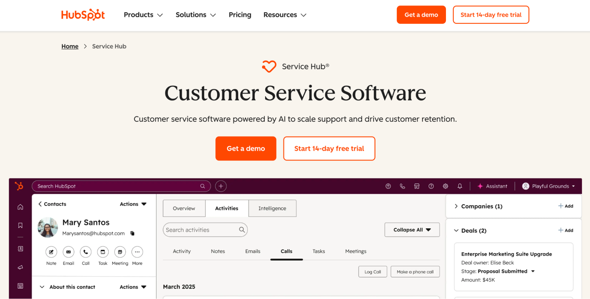 HubSpot Service Hub page displaying its customer service software interface with a contact's profile and activity log.