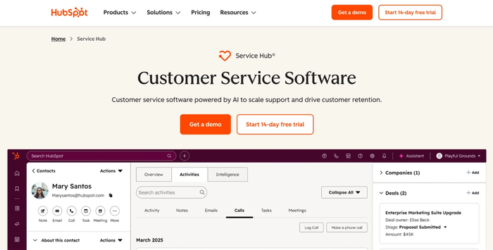 HubSpot Service Hub page displaying its customer service software interface with a contact's profile and activity log.
