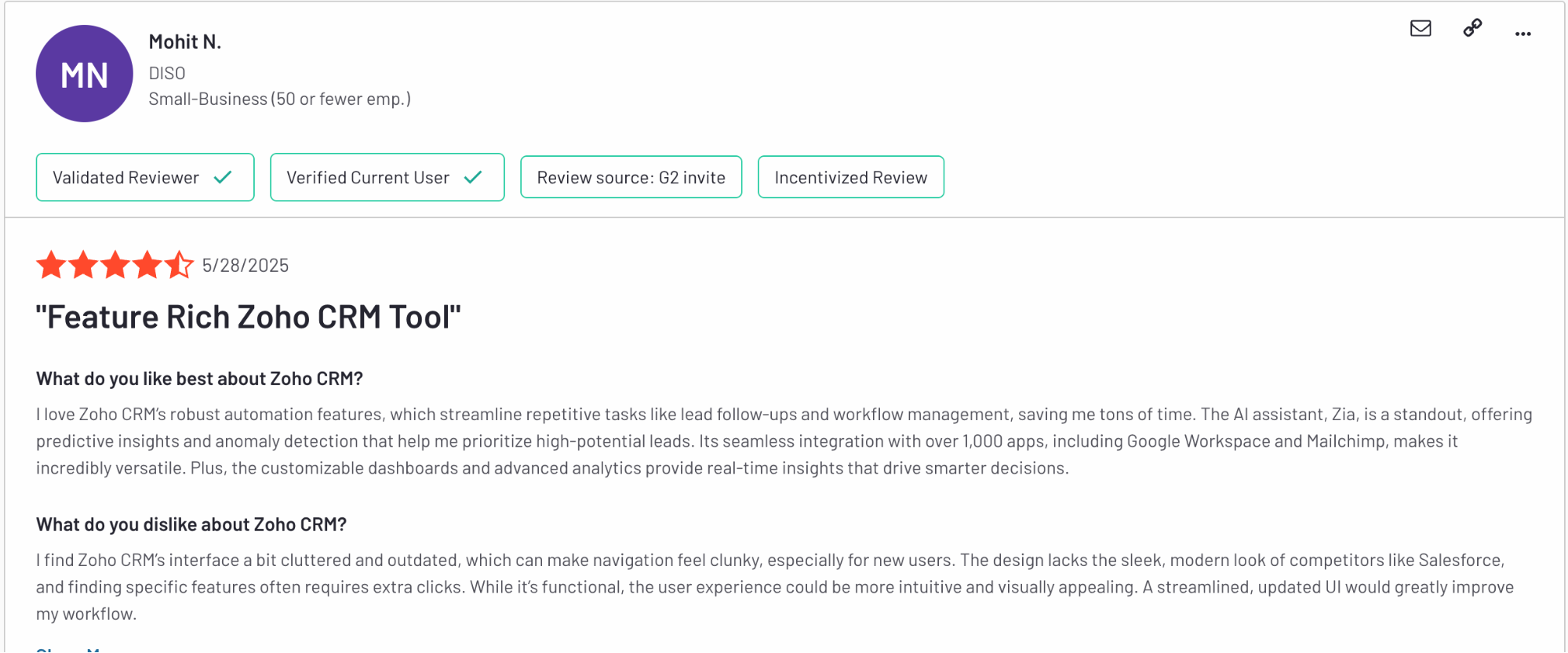 G2 review by Mohit N., rating Zoho CRM 4.5 stars.