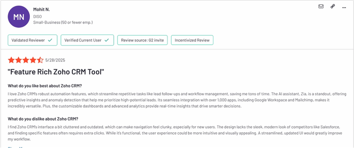 G2 review by Mohit N., rating Zoho CRM 4.5 stars.
