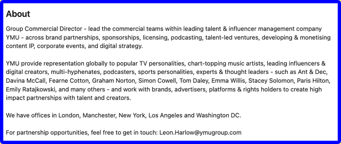 An about page for a Group Commercial Director.
