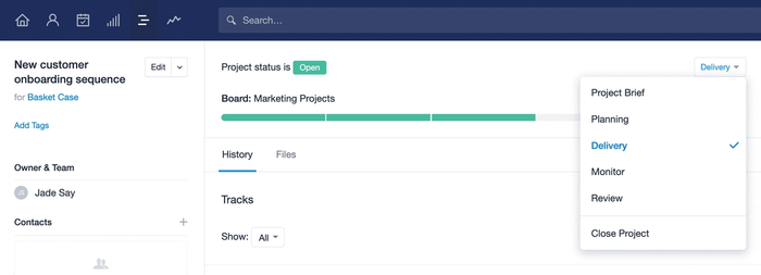 progress bar at the top of the project record displays where the project is up to in the process. A drop down menu is displayed to show the Stages the project can be moved to