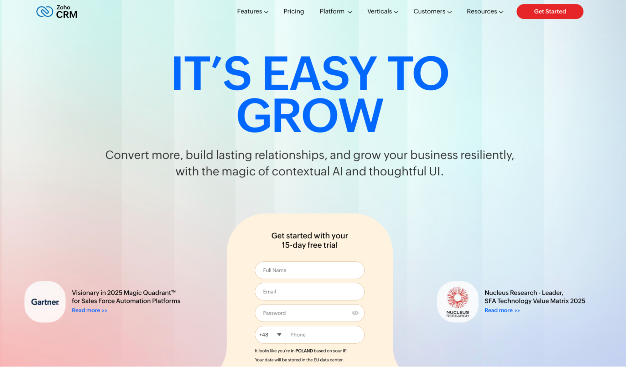 Zoho CRM website homepage with the large headline "IT'S EASY TO GROW", a free trial signup form, and mentions of Gartner and Nucleus Research recognition.