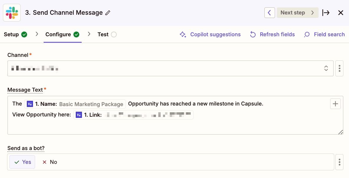 mostrando el campo de texto del mensaje para Slack llenado en Zapier