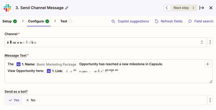 showing the message text field for slack populated in zapier