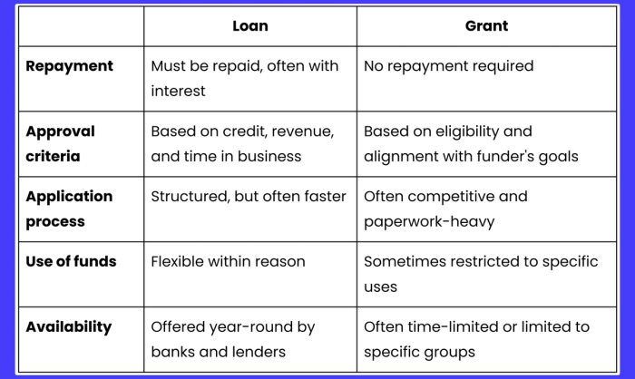 A table showing the differences between a loan and a grant.