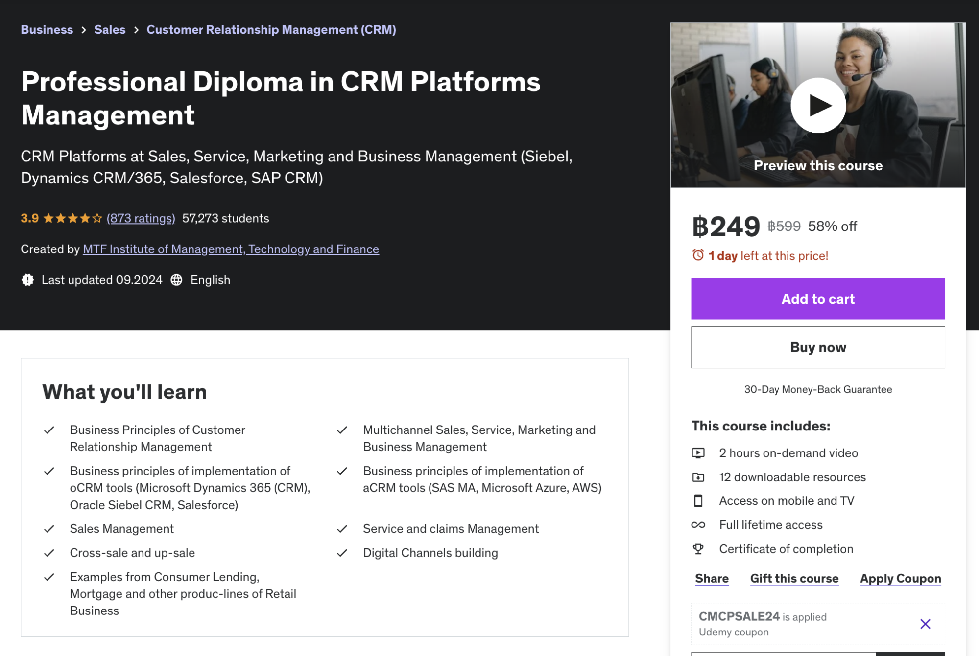 Professional Diploma in CRM Platforms Management offered by Udemy.