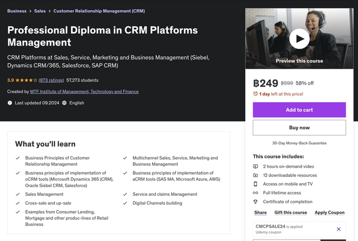 Professional Diploma in CRM Platforms Management offered by Udemy.