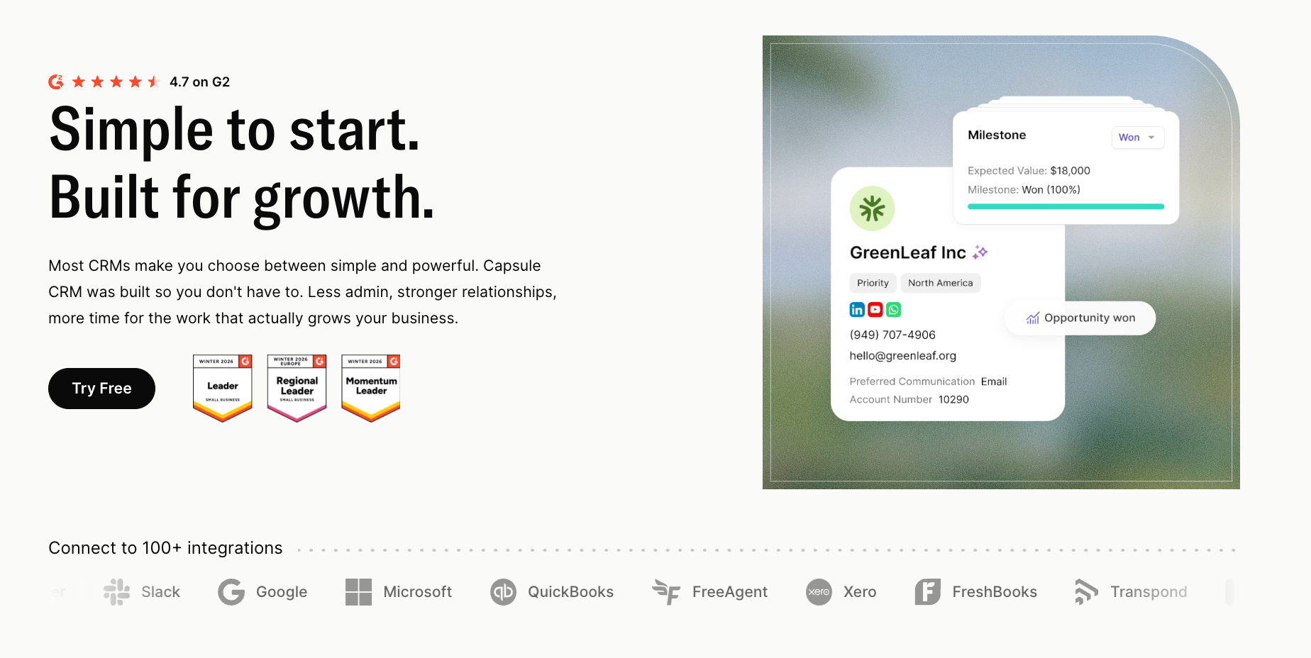 A Capsule CRM webpage featuring the slogan 'Simple to start. Built for growth.', a UI screenshot, G2 badges, and partner integrations.