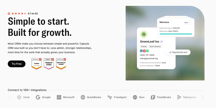 A Capsule CRM webpage featuring the slogan 'Simple to start. Built for growth.', a UI screenshot, G2 badges, and partner integrations.