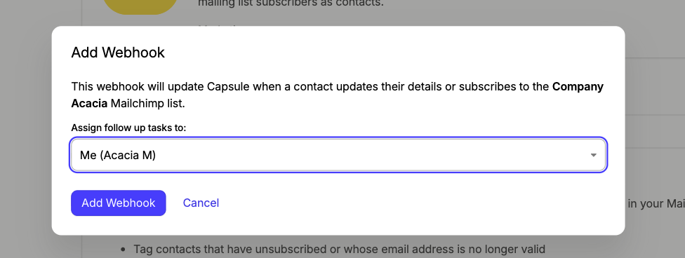 Add webhook button and assign task to a person