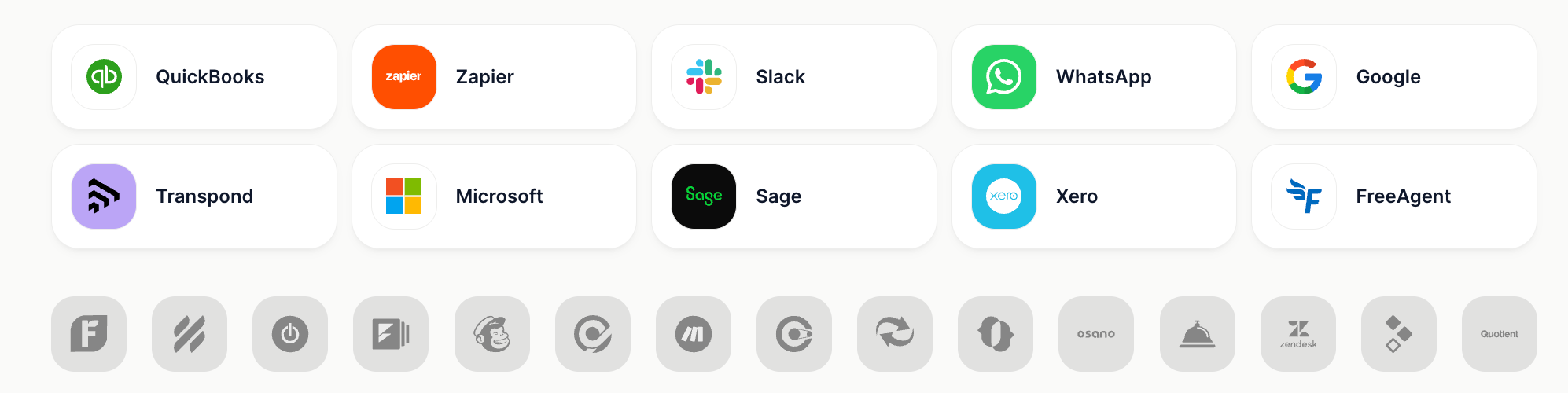 A grid displaying logos and names of various applications such as QuickBooks, Zapier, Slack, Microsoft, and Google, with smaller generic icons.