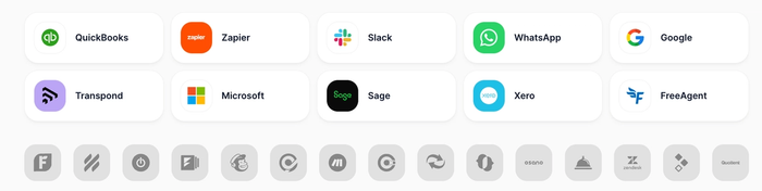 A grid displaying logos and names of various applications such as QuickBooks, Zapier, Slack, Microsoft, and Google, with smaller generic icons.