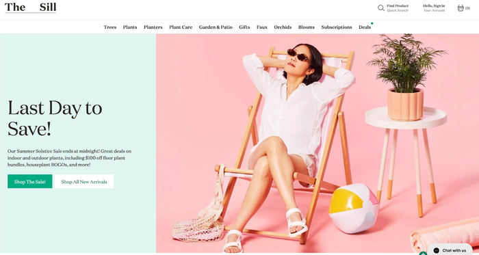 A screenshot of The Sill's website homepage