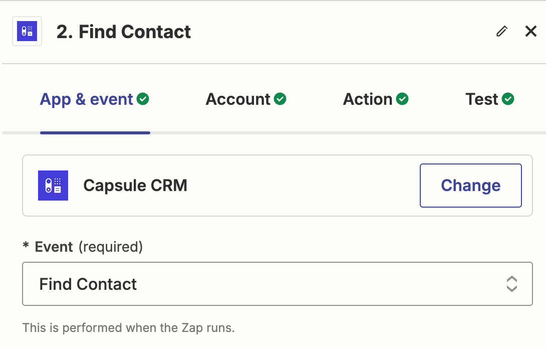 mostrando el paso de buscar contacto en Zapier