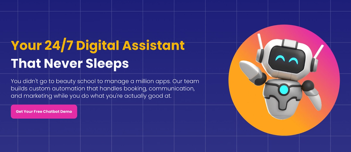 Friendly white robot waving next to the headline "Your 24/7 Digital Assistant That Never Sleeps."