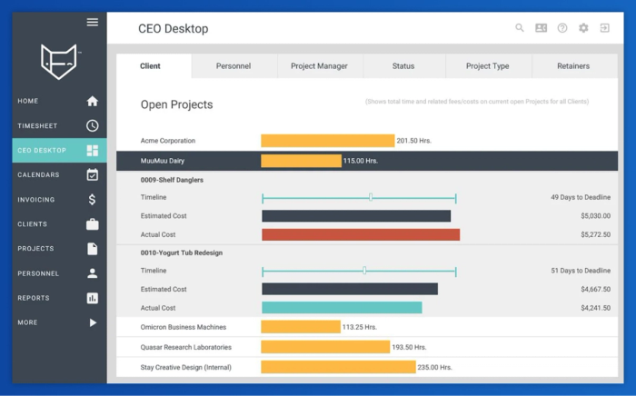 a screenshot of the ceo desktop showing open projects