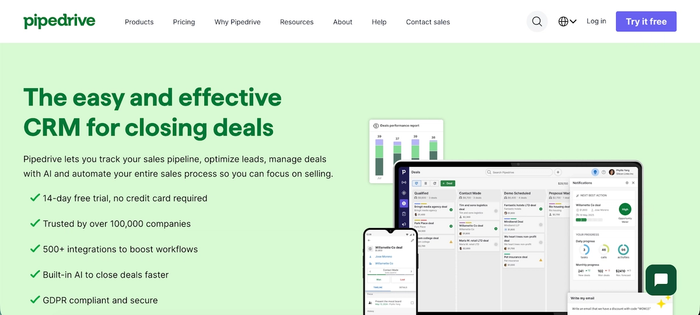 Pipedrive homepage showing desktop and mobile CRM interfaces with a performance report, and the headline "The easy and effective CRM for closing deals".