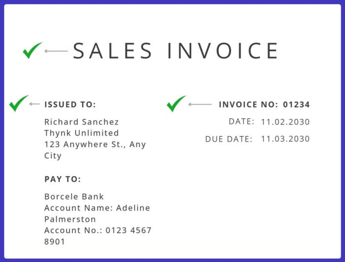 A sales invoice is shown with a check mark on it.