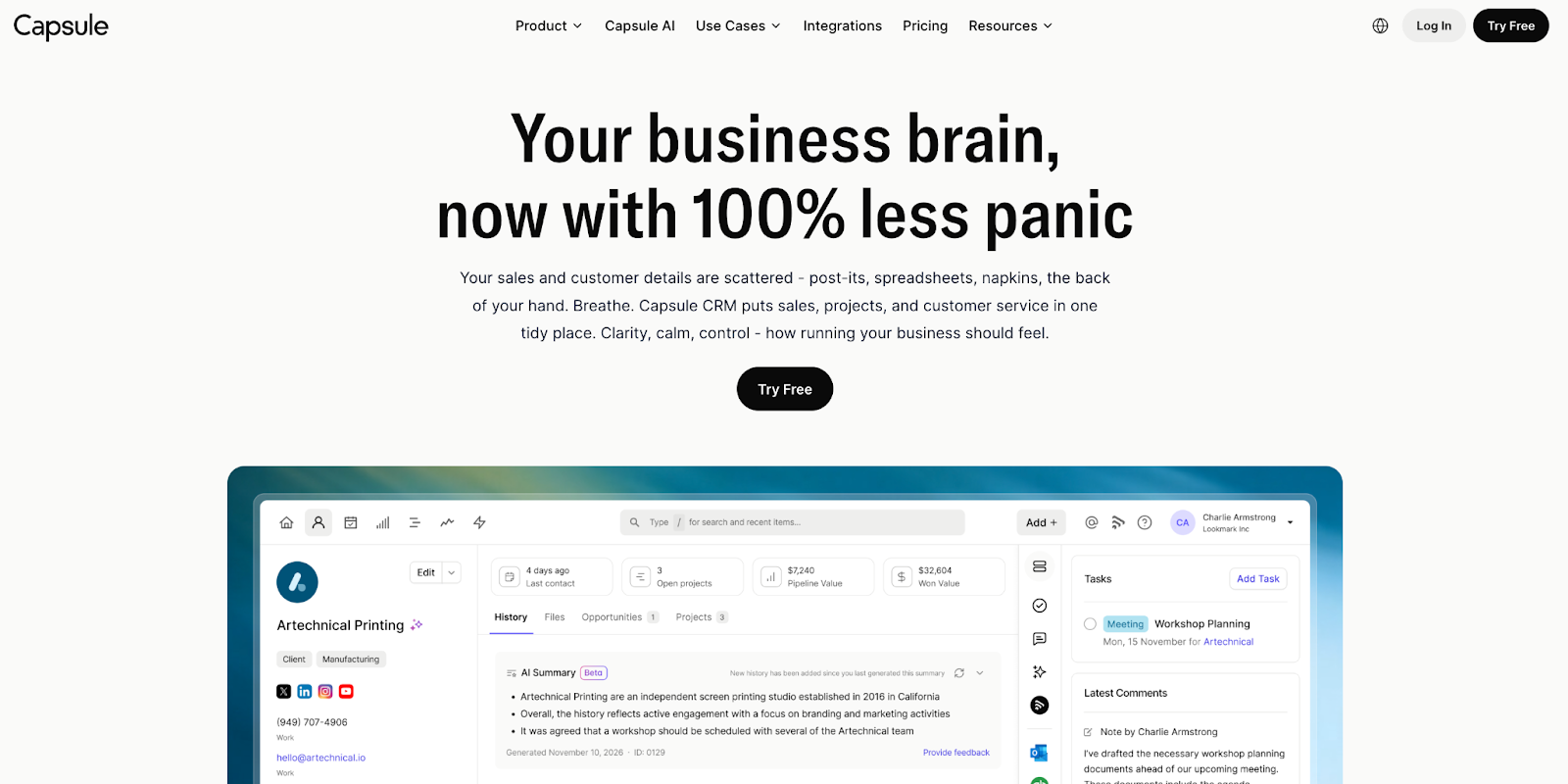 Capsule CRM website with the headline "Your business brain, now with 100% less panic" and a dashboard showing customer details.