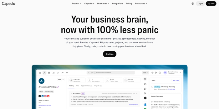 Capsule CRM website with the headline "Your business brain, now with 100% less panic" and a dashboard showing customer details.