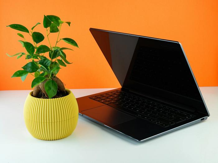 um computador portátil está ao lado de um vaso de planta em uma mesa .