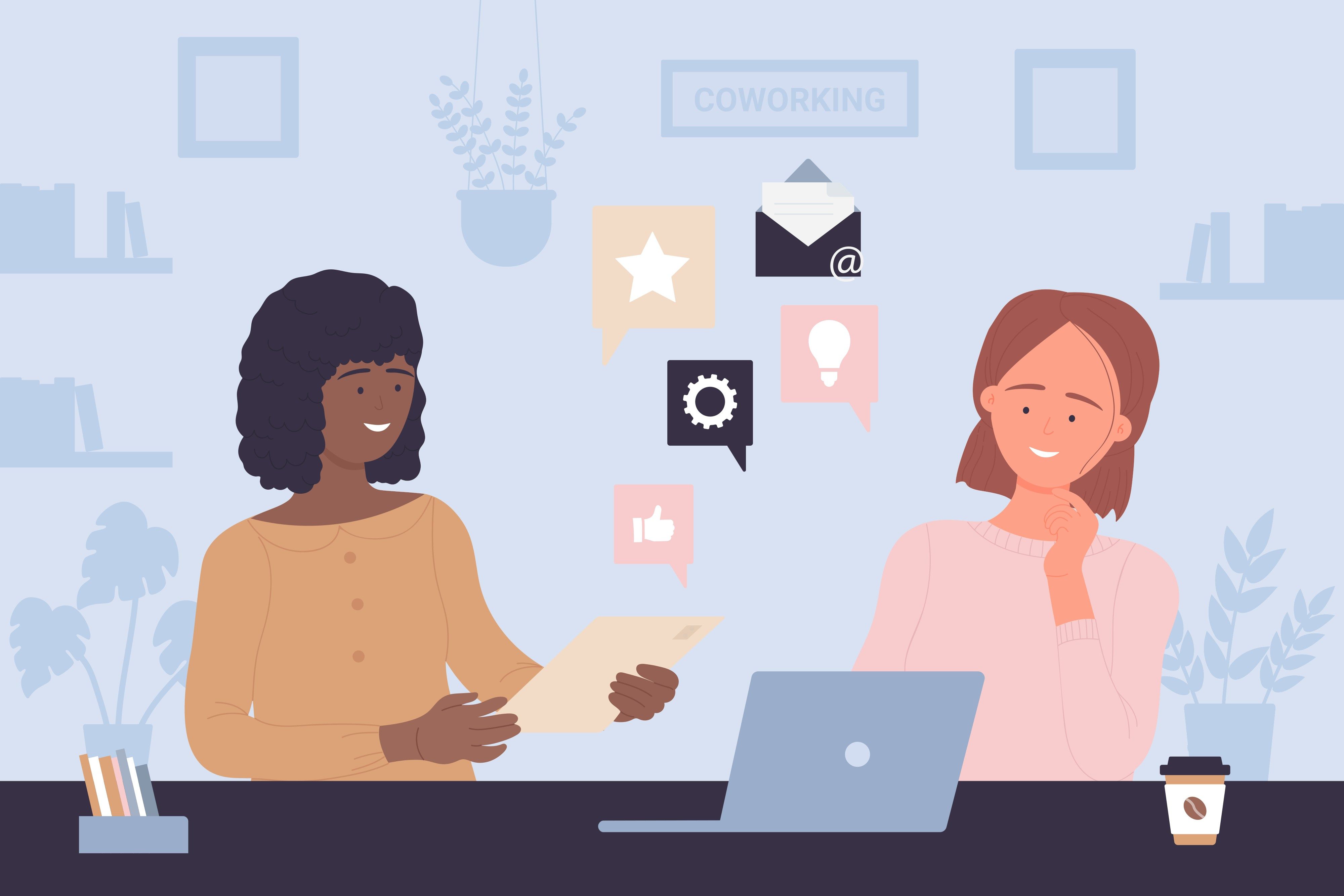 La ilustración muestra a dos mujeres discutiendo comentarios sobre el proyecto y nuevas ideas.