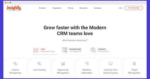a screenshot of the insightly website which says grow faster with the modern crm teams love